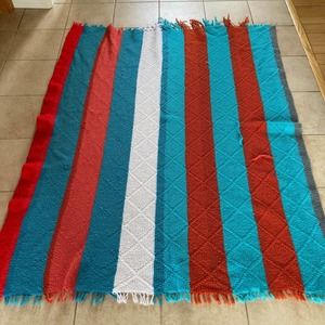 Afghan Knit Crochet Blanket Throw Handmade Turquoise Coral White Stripe 65x54